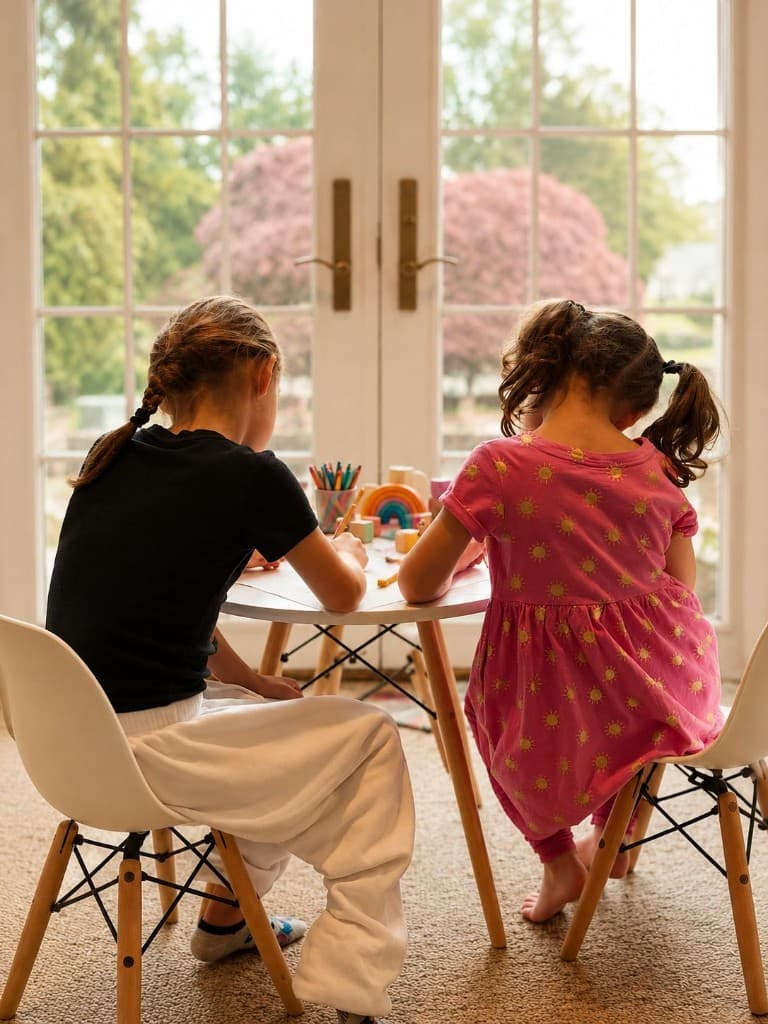 Two children drawing together at a sunlit table